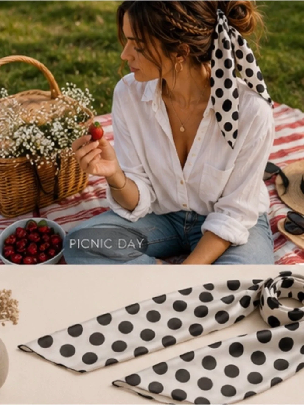 Black & White Polka Dot Skinny Scarf | Twilly Hair Scarf | Satin Feel | NWT